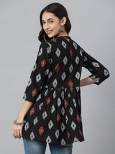 Stylum Women's Ikat Printed Cotton Gathered Ethnic Short Kurta  (TOPBLACKTUCKER) Thumbnail