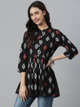 Stylum Women's Ikat Printed Cotton Gathered Ethnic Short Kurta  (TOPBLACKTUCKER) Thumbnail