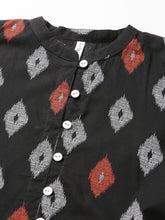 Stylum Women's Ikat Printed Cotton Gathered Ethnic Short Kurta  (TOPBLACKTUCKER) Thumbnail