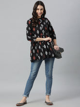 Stylum Women's Ikat Printed Cotton Gathered Ethnic Short Kurta  (TOPBLACKTUCKER) Thumbnail