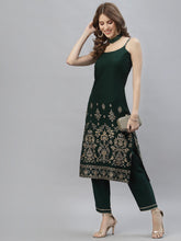 Stylum Women's Gold Printed Rayon Straight Kurta Pant Set (TULIPGREEN) Thumbnail