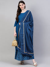 Stylum Women's Gold Print Rayon Flared Kurta Dupatta Set (Tealtrianglekdset) Thumbnail