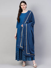 Stylum Women's Gold Print Rayon Flared Kurta Dupatta Set (Tealtrianglekdset) Thumbnail