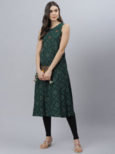 Stylum Women's Bandhani Print Rayon Flared Kurta (Vivogreen) Thumbnail