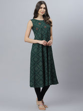 Stylum Women's Bandhani Print Rayon Flared Kurta (Vivogreen) Thumbnail