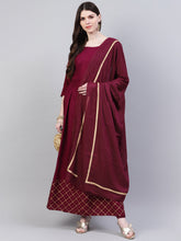 Stylum Women's Gold Print Rayon Flared Kurta Dupatta Set (Winetrianglekdset) Thumbnail