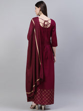 Stylum Women's Gold Print Rayon Flared Kurta Dupatta Set (Winetrianglekdset) Thumbnail
