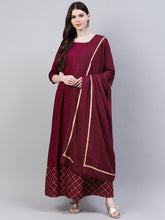 Stylum Women's Gold Print Rayon Flared Kurta Dupatta Set (Winetrianglekdset) Thumbnail
